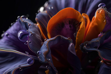 Macro closeup of beautiful purple and yellow flower petals with water dropsの素材