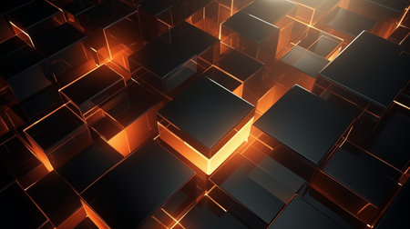 Glowing black and orange cubes abstract background. 3D render illustrationの素材