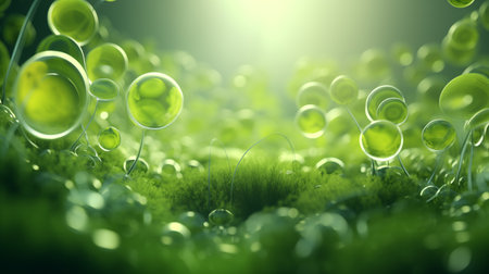 3d illustration of green grass with dew drops on it.の素材