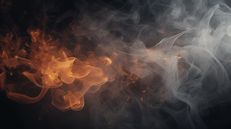 Cloud of smoke of red, orange and yellow colors on a black isolated background. Background from the smoke of vapeの素材