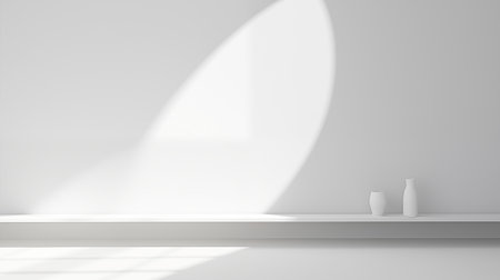 Empty white shelf with vase and shadow on wall. 3D renderingの素材