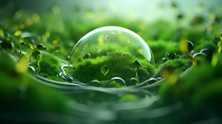 Green plant with water drops in glass sphere. 3D illustration.の素材