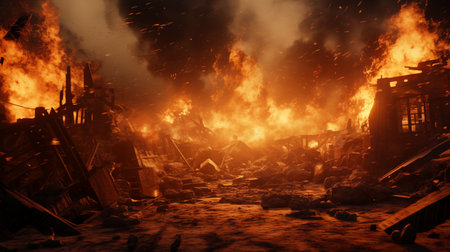 Dangerous fire in a burning house. 3D rendering.の素材