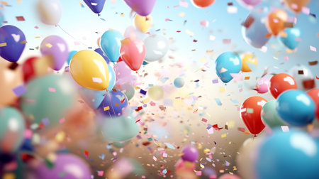 Colorful balloons and confetti flying in the air. 3D renderingの素材