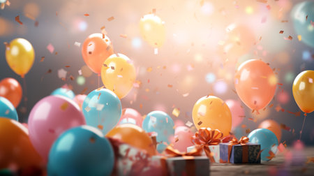 Colorful balloons with gift box and confetti on bokeh backgroundの素材