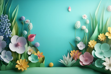 3d render of spring background with paper cut flowers and plants.の素材