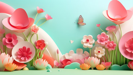 Paper art flowers and butterflies on pastel background. 3d renderingの素材