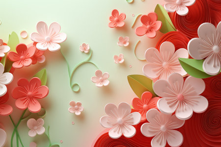 3d illustration of paper flowers and leaves on pastel background.の素材