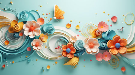 Abstract background with paper flowers and butterflies. 3d render illustration.の素材
