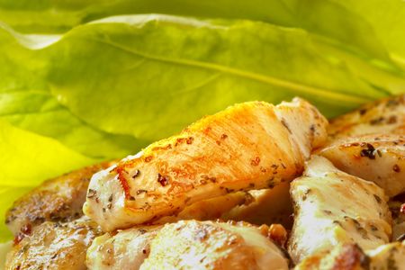 Roasted chicken pieces extreme close-up macro shotの写真素材