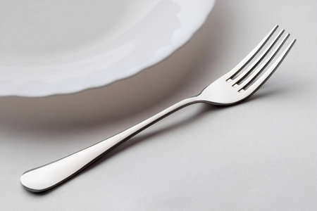 Stainless steel fork and a fragment of the porcelain plate macro shot