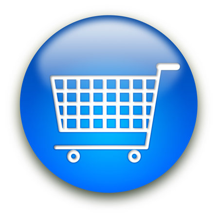 Shopping cart round glossy button isolated over white backgroundの写真素材
