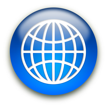 Glossy globe sign button isolated over white backgroundの写真素材