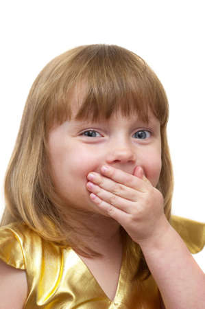 Funny little girl portrait over white backgroundの写真素材