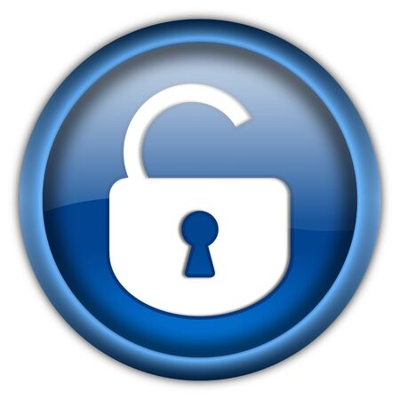 Opened lock round glossy button isolated over white backgroundの写真素材