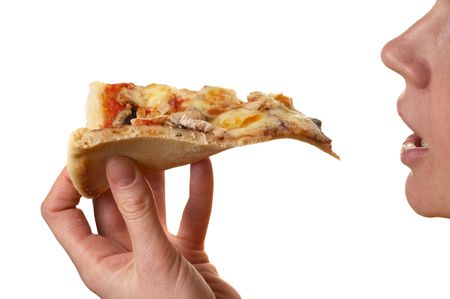 Pizza slice in human hand isolated over white backgroundの写真素材
