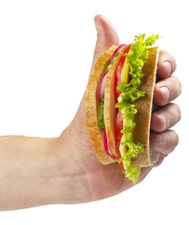 Sandwich with ham, tomato, radish, cucumber and cheese in the hand isolated over white backgroundの写真素材