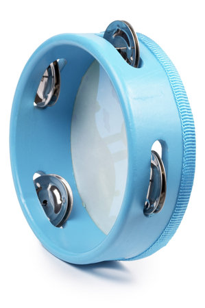 Blue wooden tambourine isolated over white backgroundの写真素材