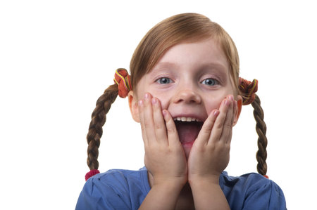 Wondering funny little girl portrait isolated over white background