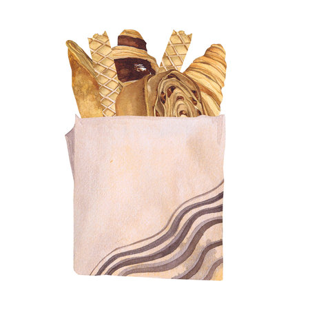 Watercolor illustration of of baking. Hand-drawn set of pastry in a craft bagfrom isolated clip art on a white background. Bright and appetizing pictures of realistic watercolor buns for menus, signs, packaging, textiles, printed materialsの写真素材