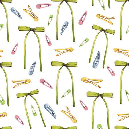 Watercolor illustrations of hairpins and hair items. Hand-drawn seamless pattern of isolated clip art on a white background. Bright and stylish pictures of realistic hairpins and hair care devices for textiles, printing, signs, packaging, advertisingの写真素材
