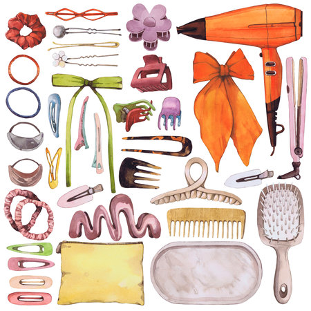 Watercolor illustrations of hairpins and hair items. Hand-drawn set of isolated clip art on a white background. Bright and stylish pictures of realistic hairpins and hair care devices for textiles, printing, signs, packaging, advertisingの写真素材