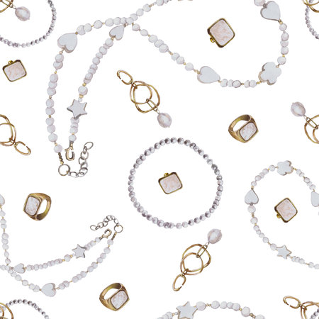 Seamless watercolor pattern of beautiful womens accessories. Hand-drawn isolated llustration on a white background. Stylish and realistic pictures of jewelry, makeup items and cosmetics for textiles, printing and advertisingの写真素材