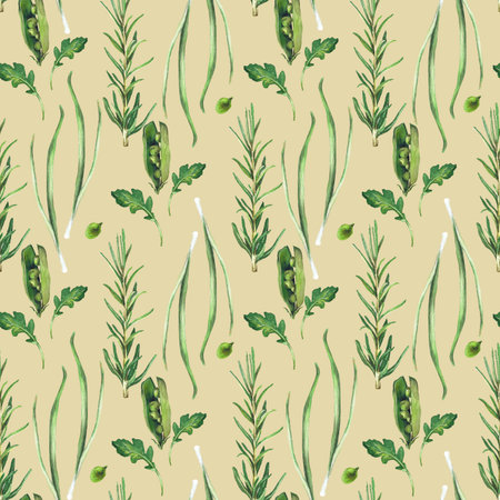 Watercolor seamless pattern with vegetables. Hand-drawn isolated clip art on a color background. Bright and juicy pictures of realistic vegetables for menus, signs, packaging, textiles, printedの写真素材