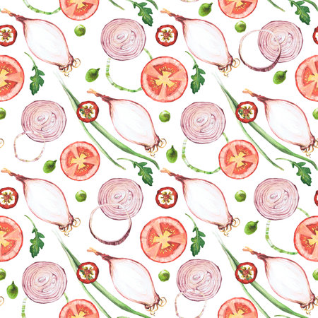 Watercolor seamless pattern with vegetables. Hand-drawn isolated clip art on a white background. Bright and juicy pictures of realistic vegetables for menus, signs, packaging, textiles, printedの写真素材