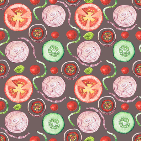 Watercolor seamless pattern with vegetables. Hand-drawn isolated clip art on a color background. Bright and juicy pictures of realistic vegetables for menus, signs, packaging, textiles, printedの写真素材