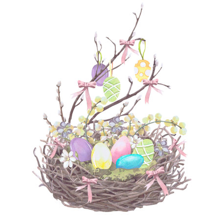 Easter eggs in a wicker nest watercolor illustration isolated on white. The nest with bows, spring...