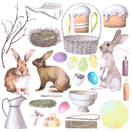 Rabbit, basket, eggs and Easter cake watercolor illustration isolated set on white. Bunny, kulich,nest, branch, candle, dish hand drawn pastel tones for Easter cards, packaging and festive decorの写真素材