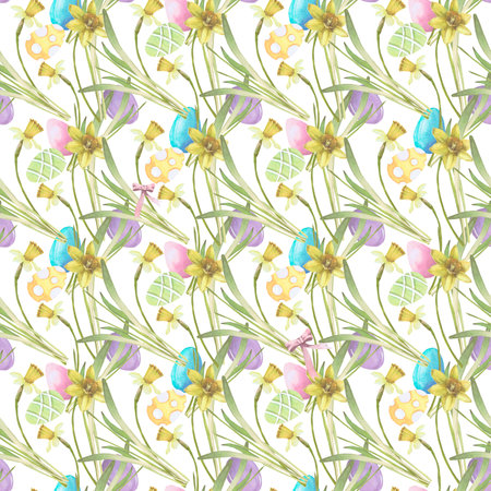 Seamless pattern with spring flowers, Easter eggs, leaves watercolor illustration isolated on white. Narcissus and eggs hand drawn in pastel tones for Easter cards, packaging and festive decorの写真素材