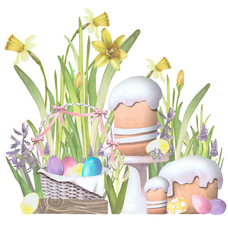 Composition of spring flowers with eggs and Easter cake watercolor illustration isolated on white. Hyacinths,narcissus and kulich hand drawn pastel tones for Easter cards, packaging and festive decorの写真素材
