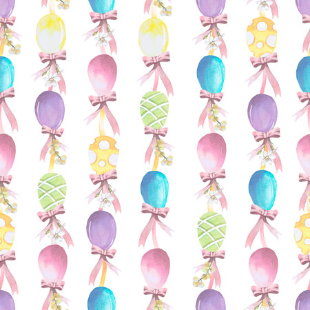 Seamless pattern with Easter colored eggs with bows watercolor illustration isolated on white. Eggs hand drawn in pastel tones for Easter cards, packaging and festive decor, textileの写真素材