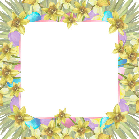 Frame with Easter eggs and narcissus flowers watercolor illustration isolated on white. Spring flowers and eggs hand drawn in pastel colors for Easter cards, packaging and holiday decorの写真素材