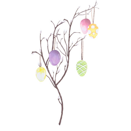 Willow branches with Easter colored eggs on strings , watercolor illustration isolated on white....