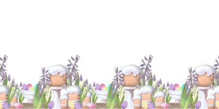 Seamless border of spring flowers with eggs and Easter cake watercolor illustration isolated on white. Hyacinths and kulich hand drawn pastel tones for Easter cards, packaging and festive decorの写真素材