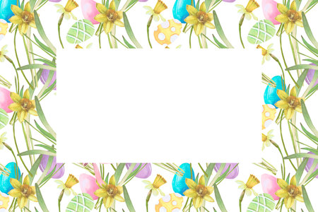 Frame of spring flowers, Easter eggs, leaves watercolor illustration isolated on white. Narcissus and eggs hand drawn in pastel tones for Easter cards, packaging and festive decorの写真素材