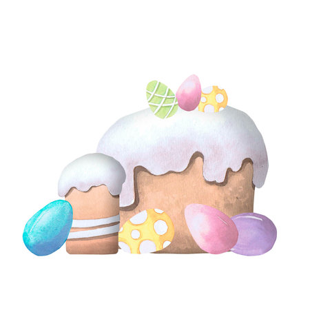 Easter holiday cakes with colored eggs watercolor illustration isolated on white. Eggs and kulich hand drawn pastel tones for Easter cards, packaging and festive decorの写真素材