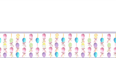 Seamless border with Easter colored eggs with bows watercolor illustration isolated on white. Eggs hand drawn in pastel tones for Easter cards, packaging and festive decor, textileの写真素材