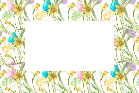 Frame of spring flowers, Easter eggs, leaves watercolor illustration isolated on white. Narcissus and eggs hand drawn in pastel tones for Easter cards, packaging and festive decorの写真素材