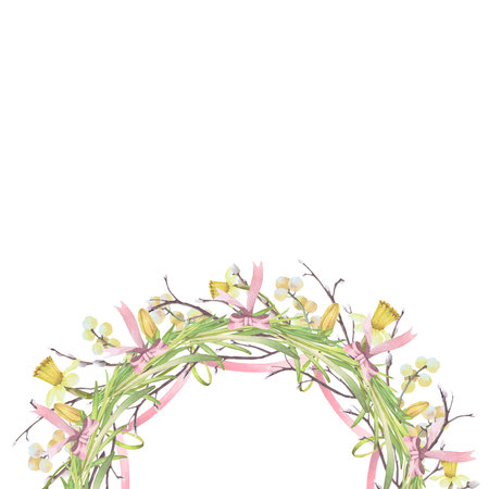 Easter wreath frame of twigs and spring flowers. watercolor illustration isolated set on white. Narcissus and willow, buds hand drawn pastel tones for Easter cards, packaging and festive decorの写真素材