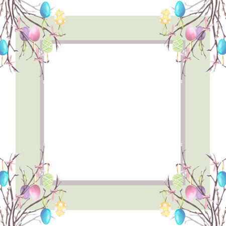Frame of willow branches with Easter colored eggs with bows, watercolor illustration isolated on white. Branches and eggs hand drawn in pastel tones for Easter cards, packaging and festive decorの写真素材