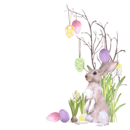 Rabbit, Willow branches with Easter eggs on strings, hyacinths watercolor illustration isolated on white. Bunny and eggs hand drawn in pastel tones for Easter cards, packaging and festive decorの写真素材