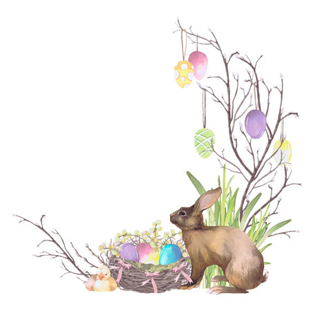 Easter eggs in nest, rabbit, willow branches with eggs, hyacinths watercolor illustration isolated on white. Bunny and eggs hand drawn in pastel tones for Easter cards, packaging and festive decorの写真素材