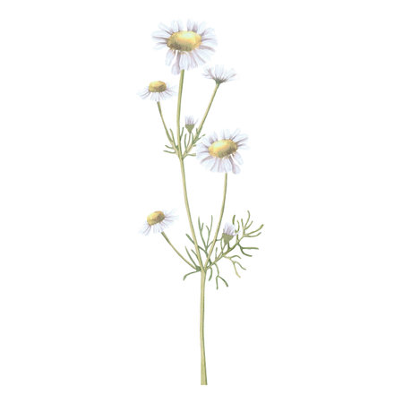 Watercolor illustration of chamomile flowers. Hand-drawn isolated clip-art on white background. Delicate realistic images of herbs for packaging, textiles, printing, holiday cards, wedding, menuの写真素材