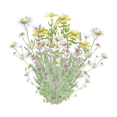 Bouquet of medicinal herbs chamomiles,Hypericum,salvia,rosemary.Hand-drawn isolated clip-art on white backdround.Realistic images of herb flowers for packaging, textiles,wedding,cards,menuの写真素材