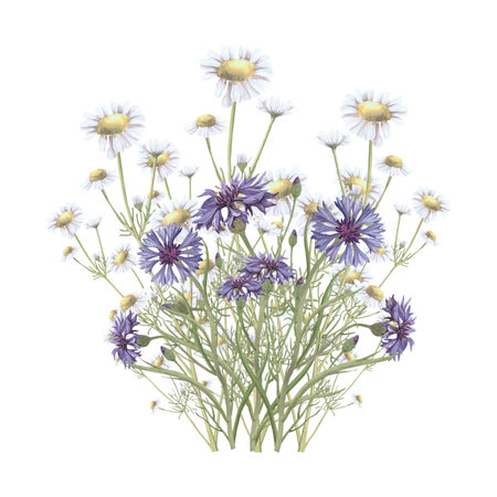 Bouquet of medicinal herbs chamomile,cornflower.Hand-drawn isolated clip-art on white backdround.Realistic images of herb flowers for packaging, textiles,wedding,cards,menuの写真素材