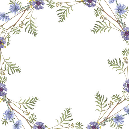 Watercolor frame of cornflower, tansy,chicory . Hand-drawn clip-art on white background. Delicate realistic images of Medicinal herbs for packaging, textiles, printing, holiday cards, wedding, menuの写真素材